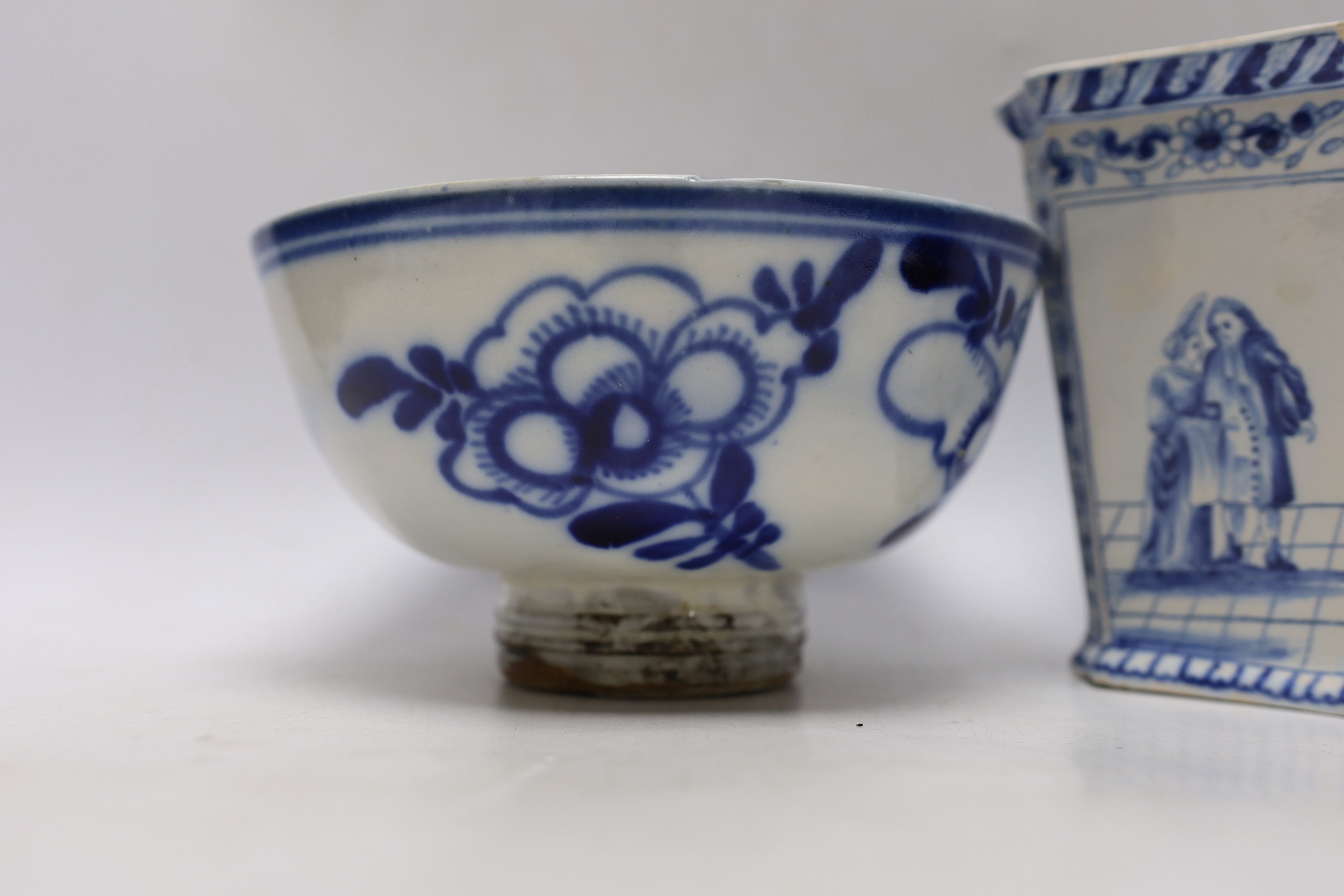 A group of Chinese blue and white bowls a dish and a Delft blue and white vase, largest 19cm in diameter